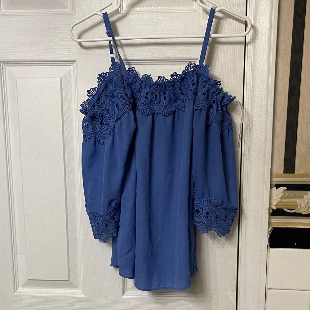 iZByer Blue Lace Trim Cold Shoulder Top